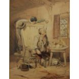 A B Clayton A young boy dropping a mouse into a sleeping man's mouth Watercolour Signed and dated