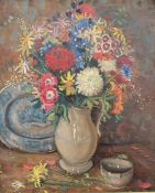 T O Makinson Still life study of a jug of flowers Oil on canvas Signed 29 x 24cm