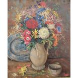 T O Makinson Still life study of a jug of flowers Oil on canvas Signed 29 x 24cm