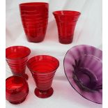 Five Powell of Whitefriars ruby ribbon trailed glass vases,