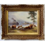 A Milwyn Holloway porcelain plaque painted with highland cattle in the foreground with a loch and