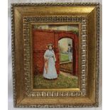 A Francis Clark porcelain plaque painted with a young lady and gentleman in a walled garden,