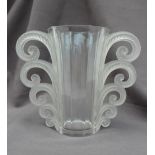 A Lalique Beauvais vase with a tapering decagon cylindrical body with five graduated scrolling