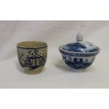 An early 18th century porcelain egg cup possibly Leeds decorated with a cottage, 4.