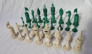 A 19th century Anglo Indian ivory chess set, one side natural, the other stained green,
