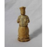 A late 19th century ivory figural container, in the form of a female figure holding a cloth and orb,