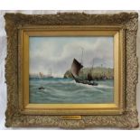 A Milwyn Holloway porcelain plaque, painted with sailing ships off the coast, Signed,