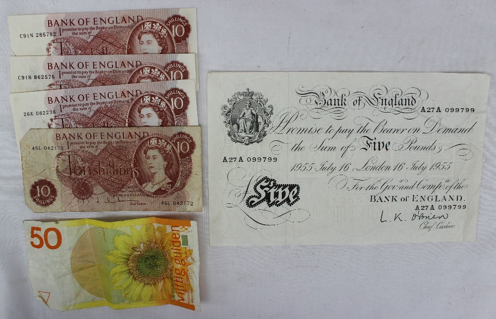 A Bank of England white five pound note, dated 16 July 1955, chief cashier L. K. O’Brien No. - Image 4 of 4