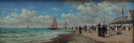 Anatoly Gridnev (b.1946) A beach scene Oil on board Signed 14.5 x 44.