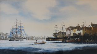 Ken Hammond "HMS Courier entering the port of Galway" A dockside scene Watercolour Signed 43.