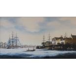 Ken Hammond "HMS Courier entering the port of Galway" A dockside scene Watercolour Signed 43.