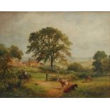 David Payne Figures and cattle by a farm near Barrow-on-Trent Oil on canvas Signed 38 x 48.