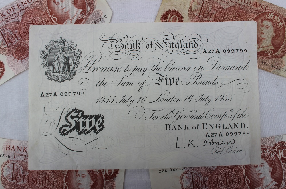 A Bank of England white five pound note, dated 16 July 1955, chief cashier L. K. O’Brien No. - Image 2 of 4