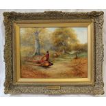 A Milwyn Holloway porcelain plaque painted with pheasants in a wooded landscape, signed M Holloway,