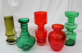 Five Riihimaki of Finland pieces of glass by Tamari Aladin including two Kleopatra jugs,