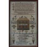A mid 19th century sampler depicting "Myrtle Hall", with an interlaced border, text to the top,