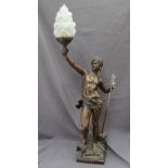 After Louis Auguste Moreau (French, 1855-1919) a large spelter figural lamp base, of a spear hunter,
