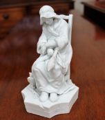 A Parian figure of an elderly lady and a cat, 14cm high under a dome,