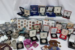 A large collection of Silver and base metal coins, including a 1989 £2 silver proof two coin set,