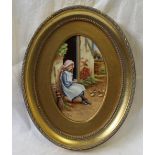 A Francis Clark porcelain plaque of oval form painted with a young girl feeding chicks,