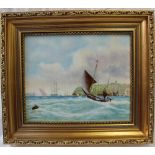 A Francis Clark porcelain plaque painted with sailing ships off the coast, signed, 19.