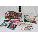 A signed Webb Ellis Rugby ball in a case together with signed books, 'Goughy", 'Adam Jones Bomb',
