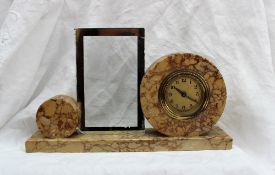 An Art deco style marble mantle clock / photograph frame, with variegated marble roundel,