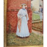 A Francis Clark porcelain plaque painted with a young lady and gentleman in a walled garden,