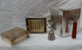 A silver cigarette box of square form together with a silver desk calendar, silver cigarette case,