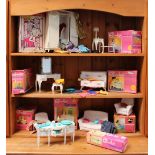 A collection of Sindy accessories including Sindy's own wardrobe, Armchairs, settee,