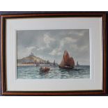 Robert Anderson Ships at sea with a village beyond Watercolour Signed 29 x 43cm