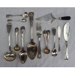 A Victorian silver fiddle pattern ladle, London, 1889, together with silver dessert fork,