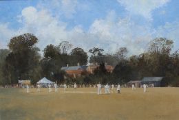 Roy Perry Cricket match at Brympton D'Every Gouache Signed and Adam gallery label verso 35 x 52cm