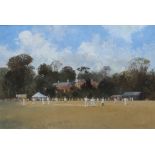 Roy Perry Cricket match at Brympton D'Every Gouache Signed and Adam gallery label verso 35 x 52cm