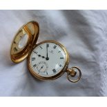 An 18ct yellow gold Omega keyless wound half hunter pocket watch, with an enamel dial,