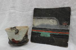 Studio pottery by Barbara Ineson - A textured square dish, decorated in greens, blacks and reds, 23.