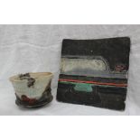 Studio pottery by Barbara Ineson - A textured square dish, decorated in greens, blacks and reds, 23.