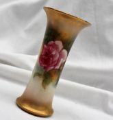 A Royal worcester porcelain flared vase, painted with roses to an ivory ground, signed M Hunt,