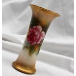 A Royal worcester porcelain flared vase, painted with roses to an ivory ground, signed M Hunt,