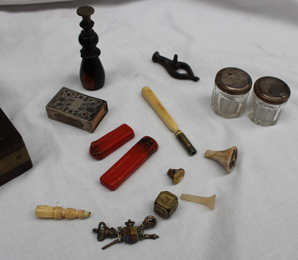 A Victorian rosewood travelling seal box, of rectangular form with brass corners, - Image 2 of 7