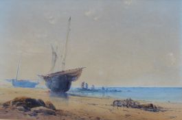 Thomas Charles Leeson Rowbotham Coastal Scene with beached fishing boat Watercolour Signed and