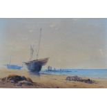 Thomas Charles Leeson Rowbotham Coastal Scene with beached fishing boat Watercolour Signed and