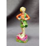 A Royal Worcester figure of a young girl in a kilt, standing on a heather landscape,