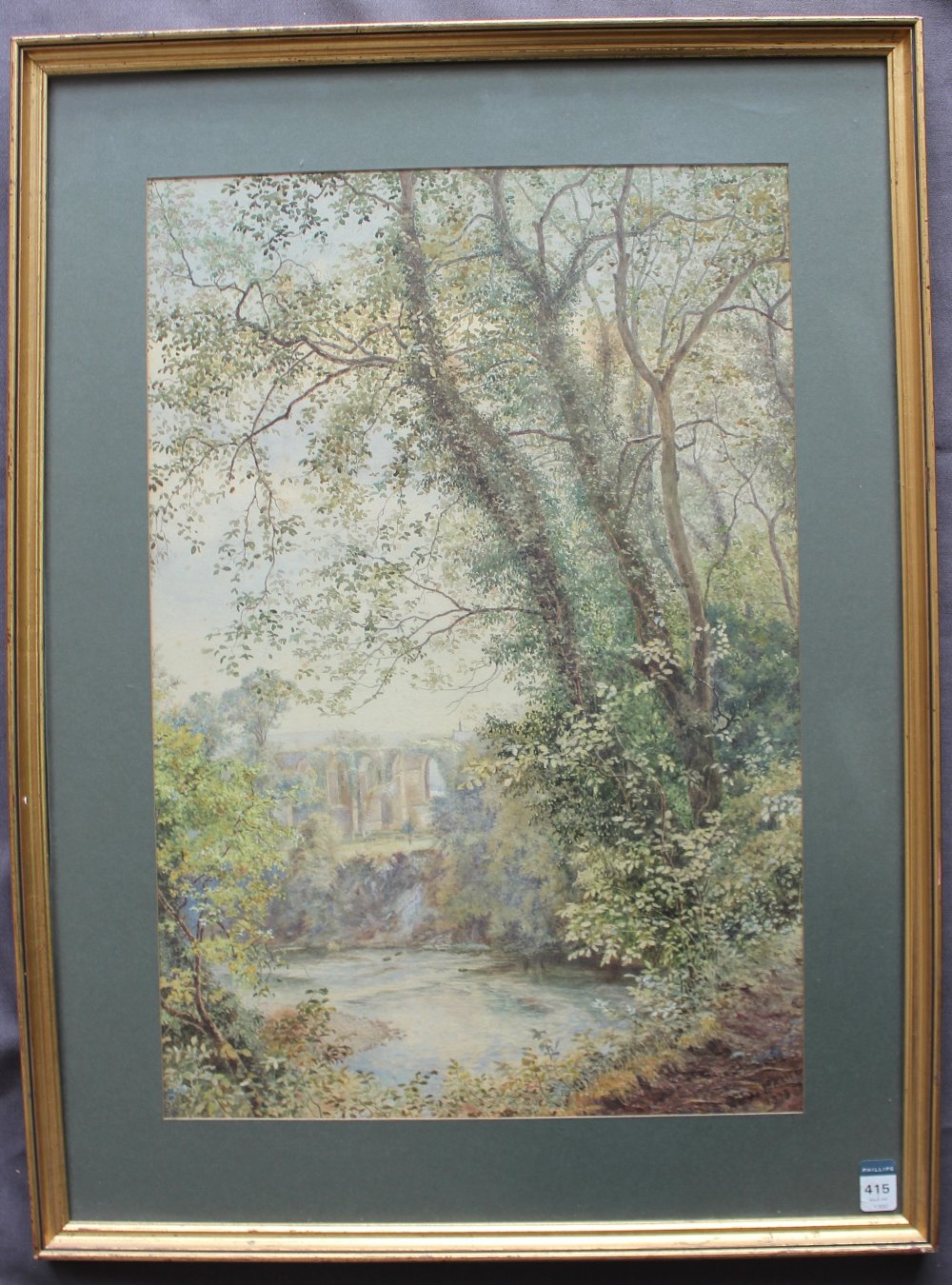 A E De Maine A river scene with ruins in the background Watercolour Signed 58 x 39cm - Image 2 of 4