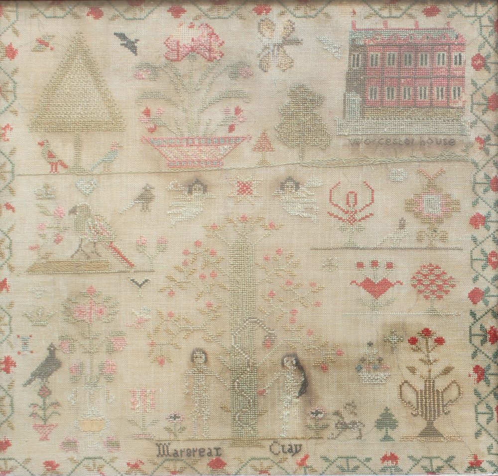 A 19th century sampler decorated with an image of Worcester House, with images of birds, - Image 2 of 5