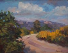 Alison Rylands The road to Agios Isidoros, Rhodes Oil on board Signed and dated '95 16.