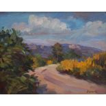 Alison Rylands The road to Agios Isidoros, Rhodes Oil on board Signed and dated '95 16.