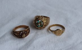 A 9ct yellow gold turquoise and pearl dress ring, together with two other 9ct gold rings,