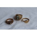 A 9ct yellow gold turquoise and pearl dress ring, together with two other 9ct gold rings,
