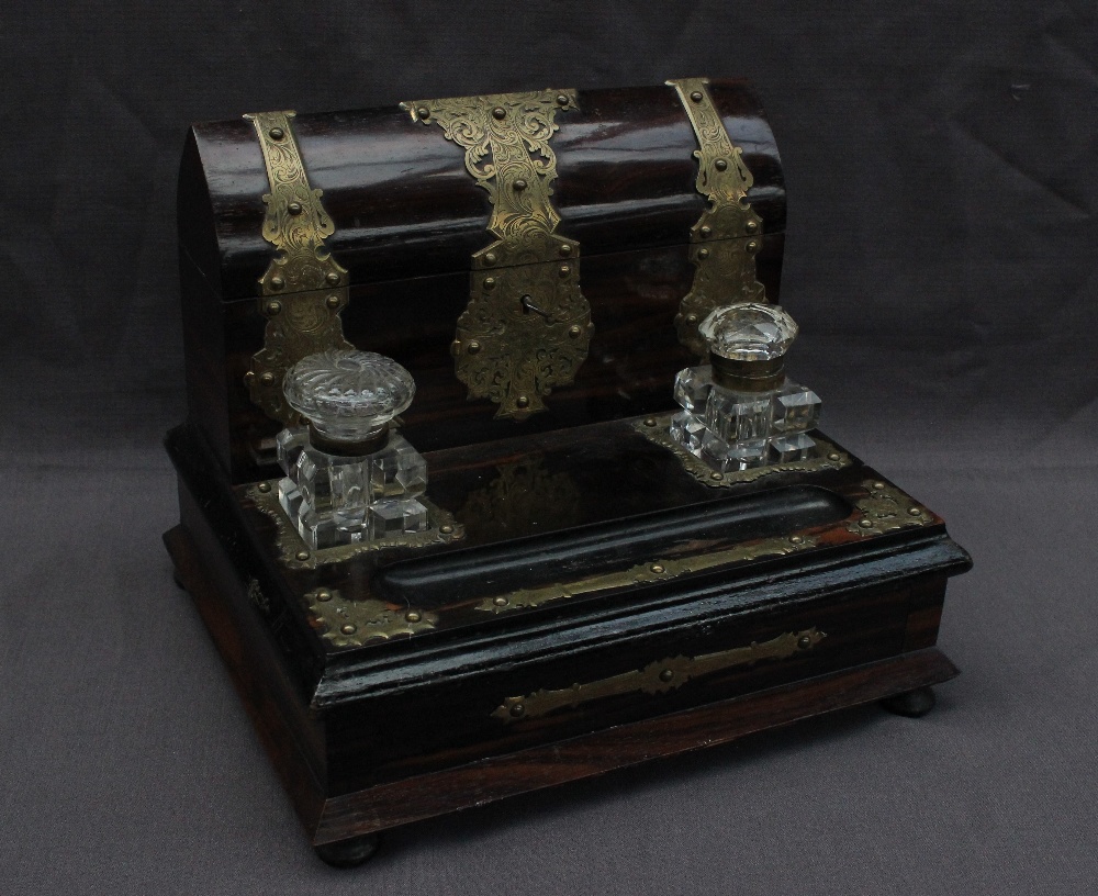 A 19th brass bound coromandel desk standish,